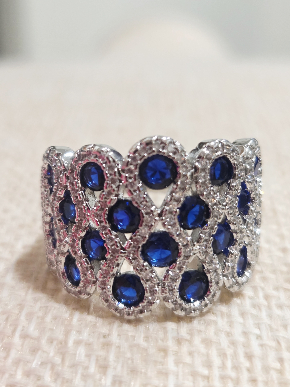 Silver Tone Ring with Blue Sapphire Accents~size 8